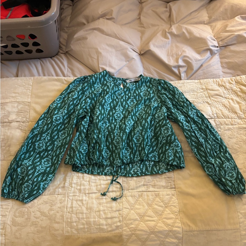 Zara Green and Blue Patterned Blouse
